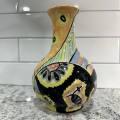 Clay Motif Handpainted 8″ T flower vase abstract yellow flowers black red green