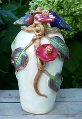 Tall Vase White Hummingbirds Flowers & Ladybug Handmade Tonala Mexico Folk Art