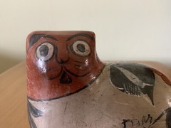 CLASSIC TONALA POTTERY CAT FIGURE MEXICO BRUNIDO NAHUAL SHAMAN 5.25” L SIGNED