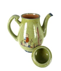 Vintage Tlaquepaque Pottery Green Pitcher with Lid Hand Painted Mexico 1940s 9″