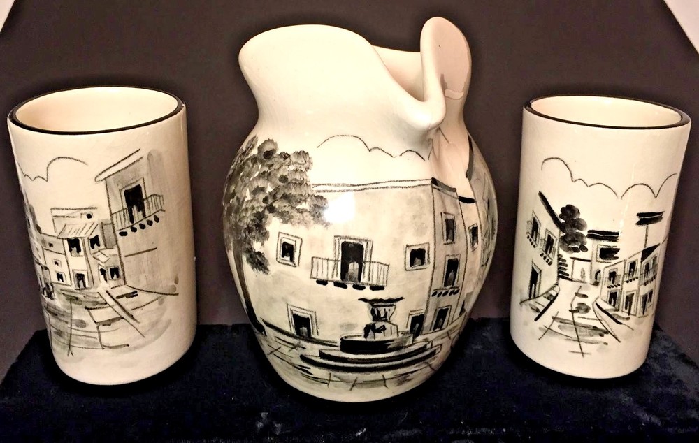 3 pc Mexico Pottery Pitcher 2 Tumbler Set Signed Guanajuato GTO Modern St Scenes