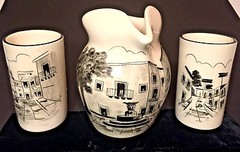 3 pc Mexico Pottery Pitcher 2 Tumbler Set Signed Guanajuato GTO Modern St Scenes