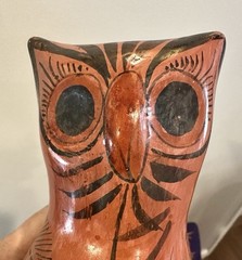 Tonala Pottery Owl Figurine Mexico Folk Art Orange Floral Hand Painted 7.5″