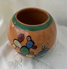 Vintage Tlaquepaque Tecomate Mexico Small Hand Painted Folk Art Round Pot Cactus