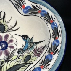 MEXICAN POTTERY HEART SHAPED TRINKET DISH WITH HUMMINGBIRD SIGNED ‘GUATE’