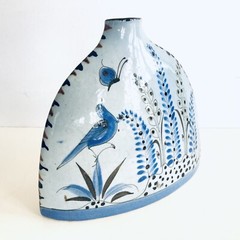 Ceramic Vase 8″ Bird Butterfly Flowers MCM Blue Mid-Century Mexican Garden Art