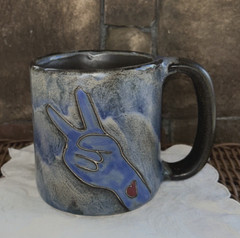 Mara of Mexico Stoneware Mug PEACE Sign Symbol Red Heart Handmade Hand Painted