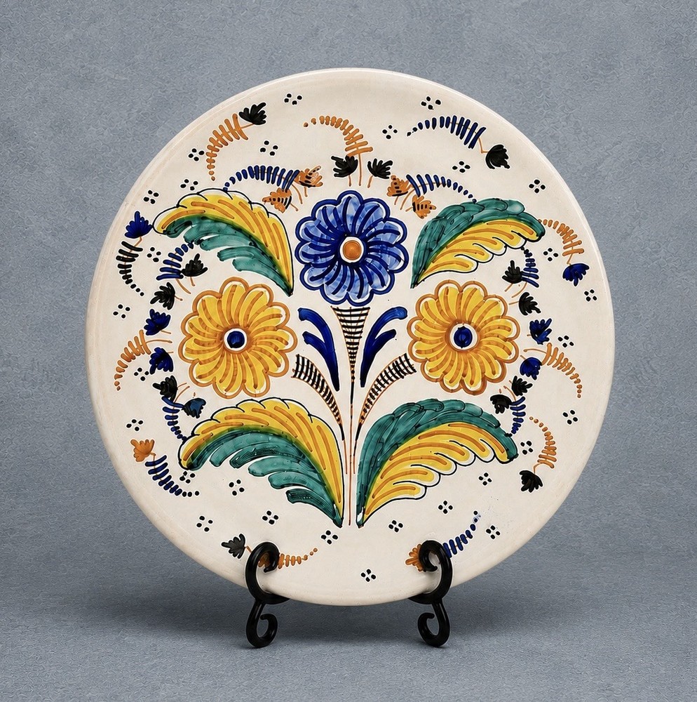 Vintage Hand Painted Spanish Folk Art Pottery Wall Plate Signed España Floral