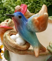 Cream Color Flower Pot Hummingbird Nest Butterflies Handmade Tonala Mexican Art