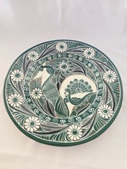 16″ Justino Garcia Tonala Mexico Pottery Platter Signed Folk Art Green, White