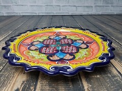 Talavera Pottery Mexican Folk Art SCALLOPED PLATE Floral Blue/White/Yellow