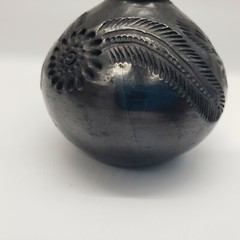 Vintage Oaxaca pottery vase black round floral carved design pot Mexico 2.25 h