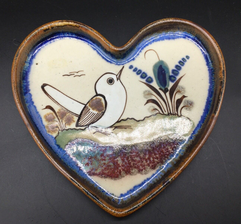 Tonala heart shape art pottery trinket dish white bird signed Ken Edwards Mexico