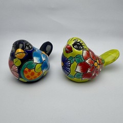 Talavera Ceramic Birds Pair Hand Painted Folk Art Mexico Vibrant Green & Blue