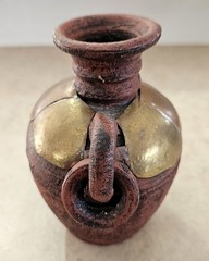 Vintage Mexican Terracotta Pottery Vase, Brass Copper Overlay Loop Handles, 5.5″