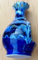 Mexican ceramic chiminea candle holder signed Reyna blue drip glaze tabletop 7½”