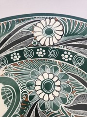16″ Justino Garcia Tonala Mexico Pottery Platter Signed Folk Art Green, White
