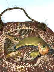 Hand Made 3D Fish Clay Plaque Wall Art Brass Copper Metal Mexico Water Hanging