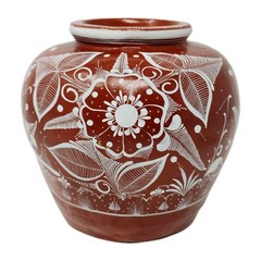 VTG Mexican Terracotta Pottery Redware Floral Vase Pot Hand Painted Folk Art