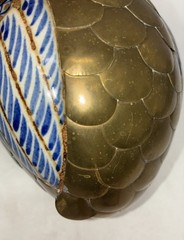 Vintage Sergio Bustamante Quail Mexican Tonala Pottery Brass B Mark 7×5″ *flaw