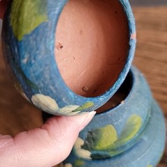 Mexico souvenir pottery hand painted blue set Of 3 tiny Collect Flower Pot Red C