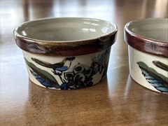 Mexican Tonala Pottery Bowl, Blue Brown Glaze, Bird , Mexico Set Of 4