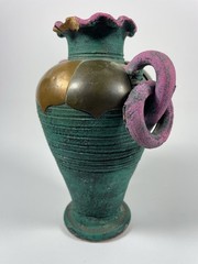 Vintage Mexican Art Pottery Vase Brass Mixed Metal 6″ Teal Purple READ