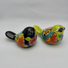 Talavera Ceramic Birds Pair Hand Painted Folk Art Mexico Vibrant Green & Blue