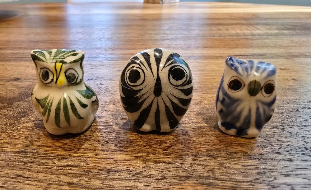 Vintage Miniature Mexican Tonala Pottery Owls Handmade Folk Art Collectibles Set