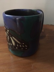 Mara Mexico Pottery Butterfly Coffee Mug Cup Signed Blue/Green Stoneware