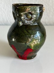 Vintage Mexican Folk Art Pottery Vase Green Glaze Red Decor Rope Handle