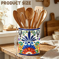 Mexican Tiles Kitchen Utensil Holder, Mexica Theme Talavera Large Ceramic Utensi
