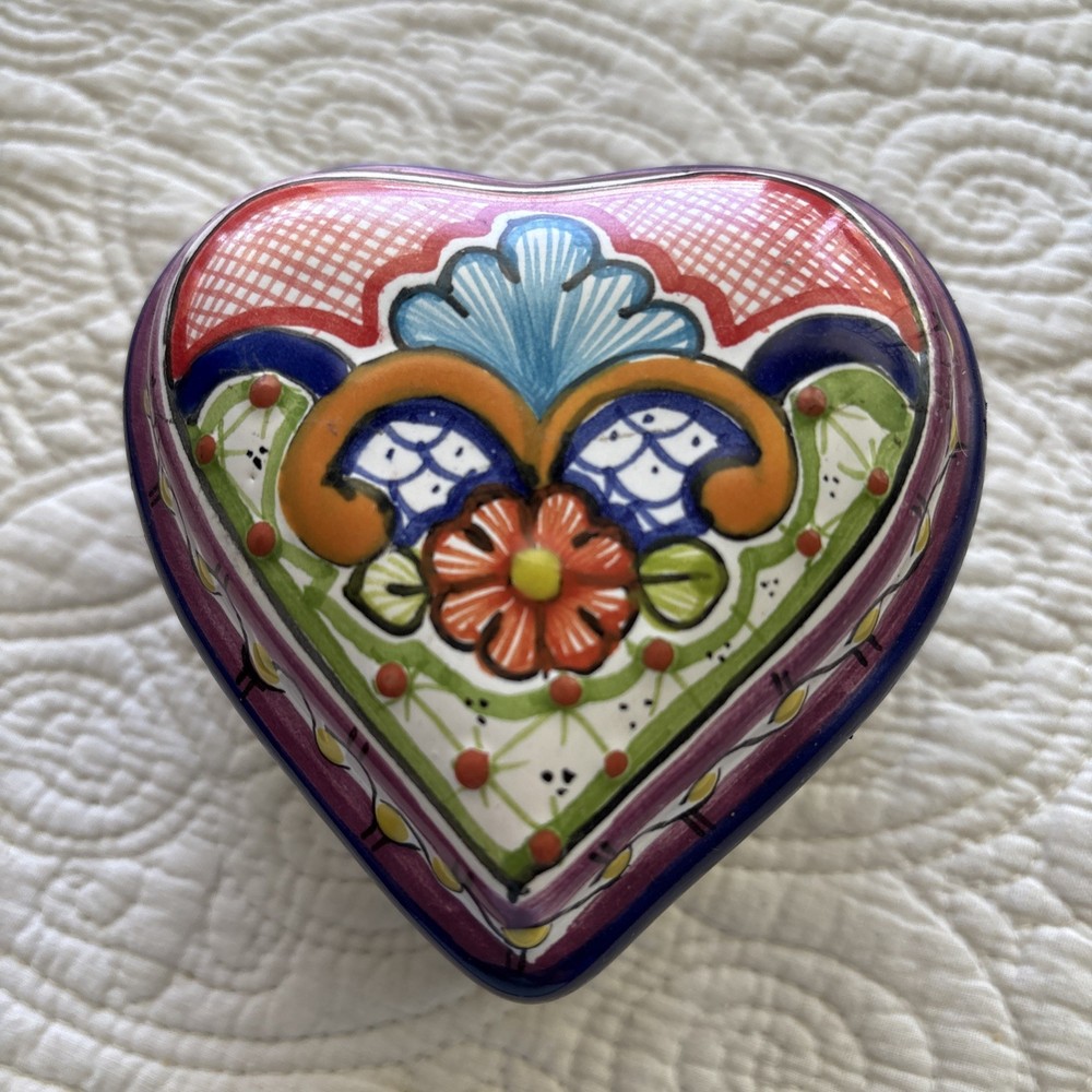 Talavera (Arte) Trinket Box Pue. Mexico Heart Terra Cotta Pottery Hand Painted
