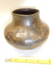 Pre-Columbian Dark Tan w/Black Decorations Glazed Pottery Narrow Neck Bowl