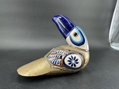 Vintage Handmade Clay Pottery Brass Hand Made Painted Tucan Bird Home Decor