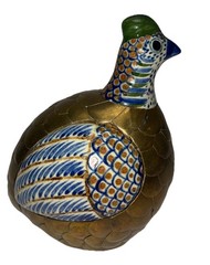 Vintage Sergio Bustamante Quail Mexican Tonala Pottery Brass B Mark 7×5″ *flaw