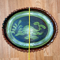 Mexican Patamban Hand Painted Fish Design Folk Art Green & Brown Glazed Platter