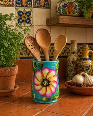 Hand-Painted Mexican Folk Art Vase – Turquoise Floral – Textured Ceramic Decor