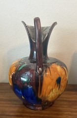 Vintage Oaxacan Mexican Drip Glazed Floral Pottery Pitcher Ewer Jug 12″
