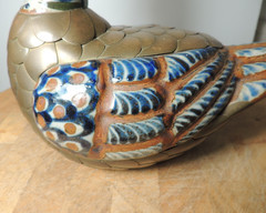 Tonala Mexico Duck Bird Ceramic w/ Brass Feathers Blue Brown Decor 7″
