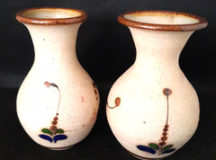 Vintage Pair Of Mexico Folk Art Pottery Tonala Floral Round Vases Signed C.O.