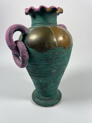 Vintage Mexican Art Pottery Vase Brass Mixed Metal 6″ Teal Purple READ