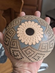 Maria Acosta Mata Ortiz Pottery Seed Pot Sgraffito Geometric Polychrome Bird 6″