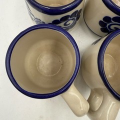 Set Of 4 Talavera Mexican Studio Folk Art Pottery Mugs Saucer Cobalt Blue Floral