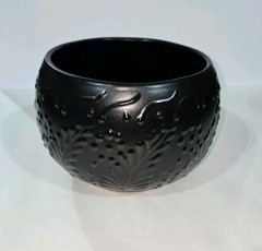 Black Round Planter 7 X 5 Inches Tall Hand Painted Mexican Art Clay Pot