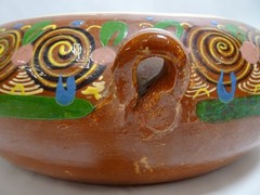 Mexican Tlaquepaque Bean Pot Red Clay Spiral Glazed 10″ Single Handle w Lid