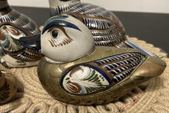 LOT OF 4 TONALA MEXICAN FOLK ART POTTERY FIGURES BRASS DUCK TOUCAN