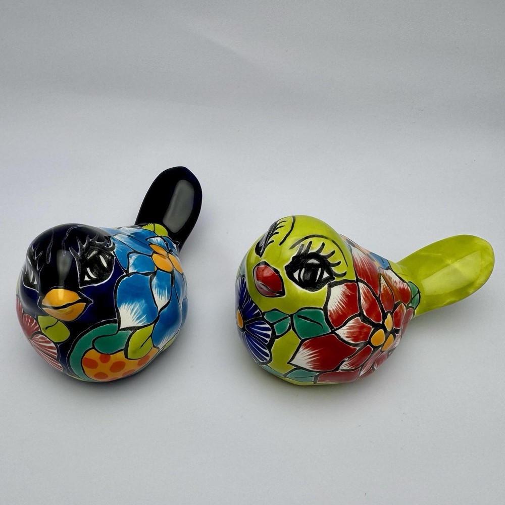 Talavera Ceramic Birds Pair Hand Painted Folk Art Mexico Vibrant Green & Blue