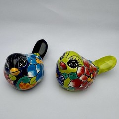 Talavera Ceramic Birds Pair Hand Painted Folk Art Mexico Vibrant Green & Blue