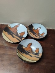 Vintage Table top Navajo hand painted 1 plate 2 bowls mountains hills sun